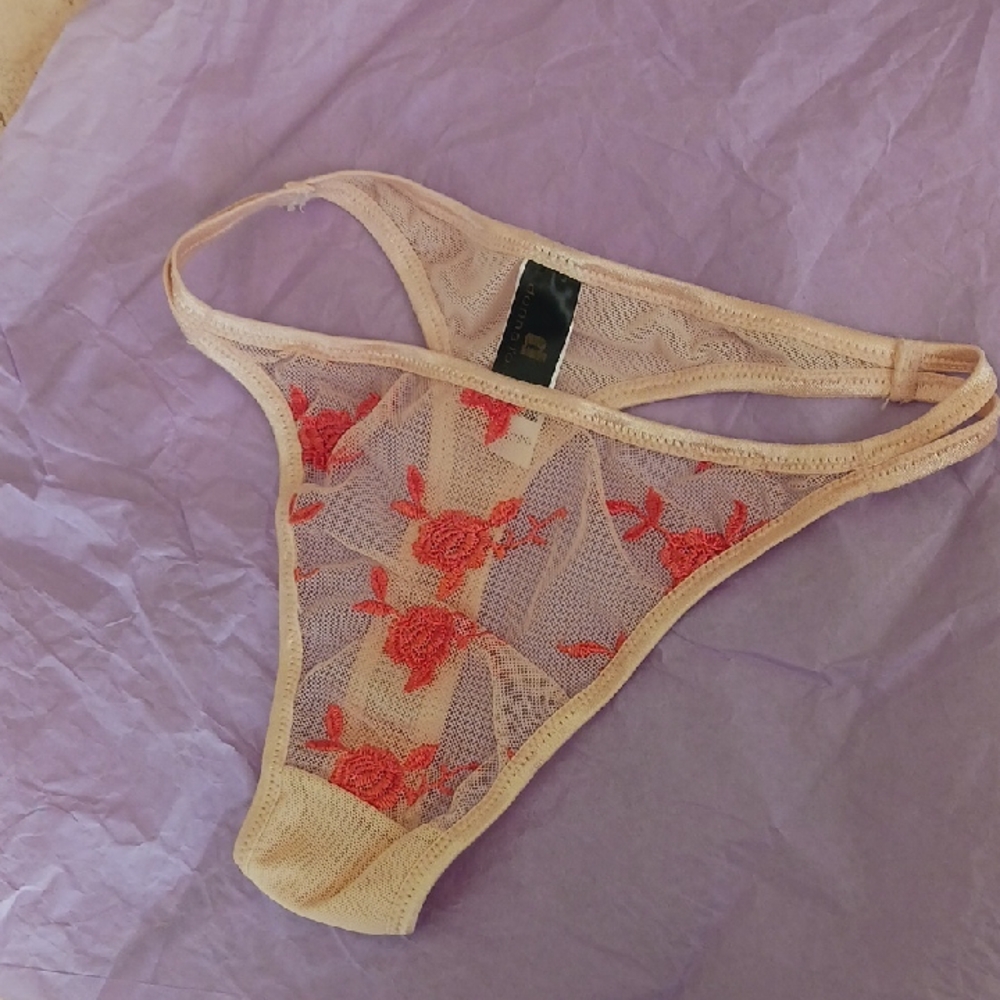 Vintage Women's Thong Panty,sz S, floral Design,peach/beige fine Mesh ,New Pair